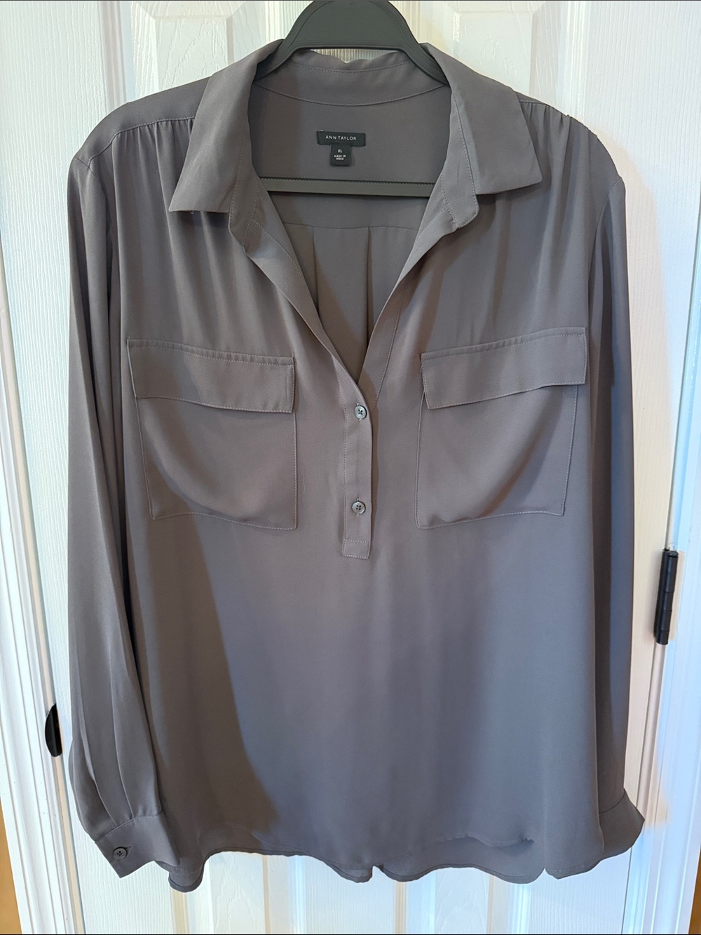 Ann Taylor Gray Button-Neck Utility Blouse